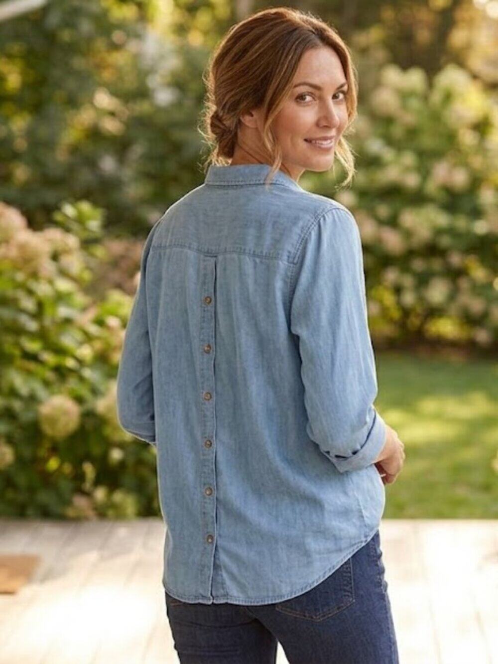 Harper Light Wash Chambray Button Up Shirt Size S 100% Lyocell Soft Denim